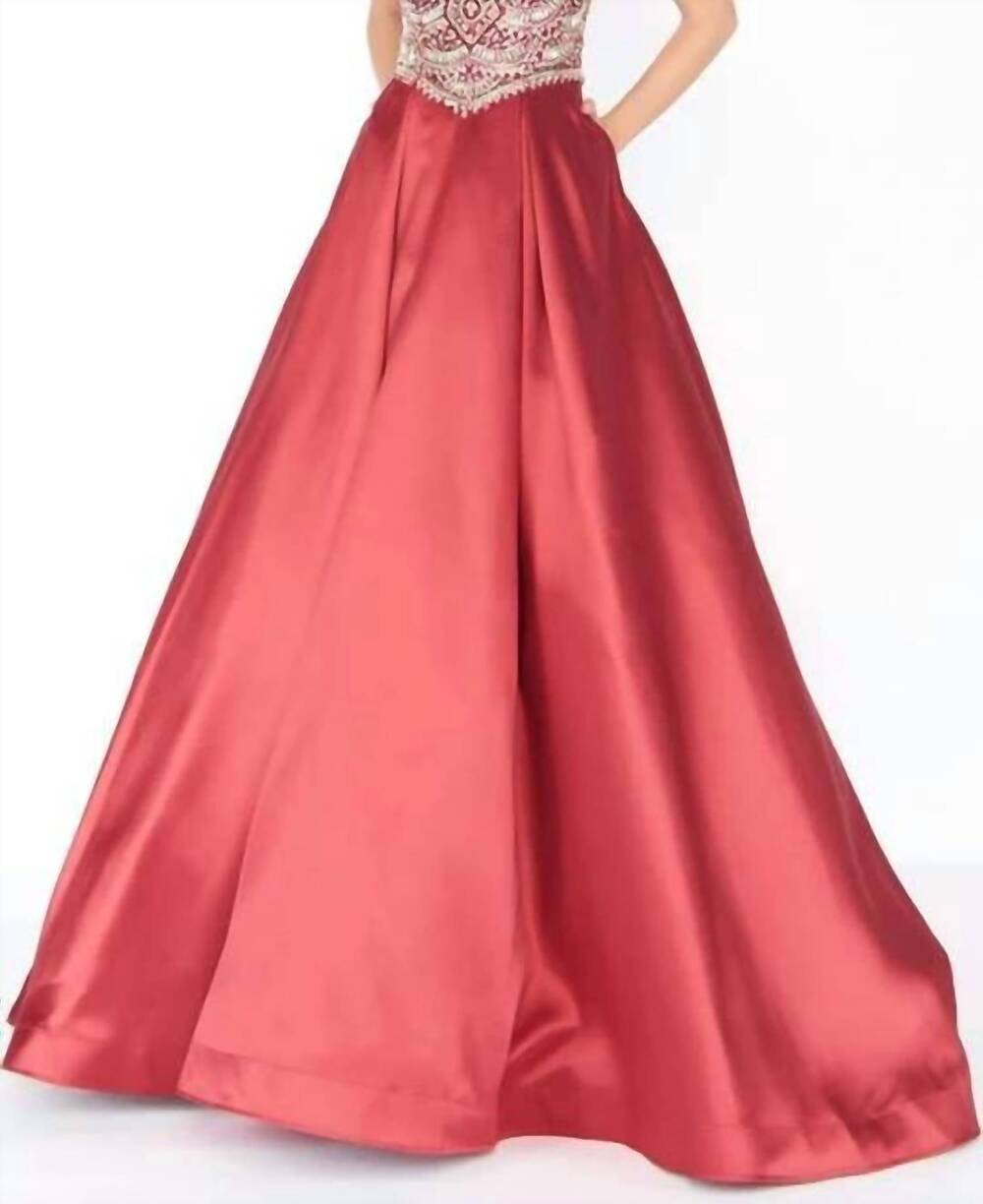 NEW MAC DUGGAL long beaded satin ball gown in deep red